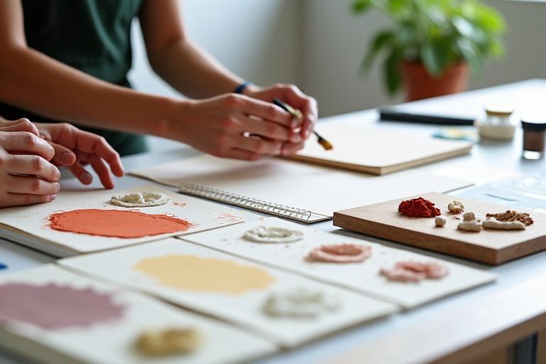 環境に優しい画材のサンプルが並べられたワークショップのテーブル